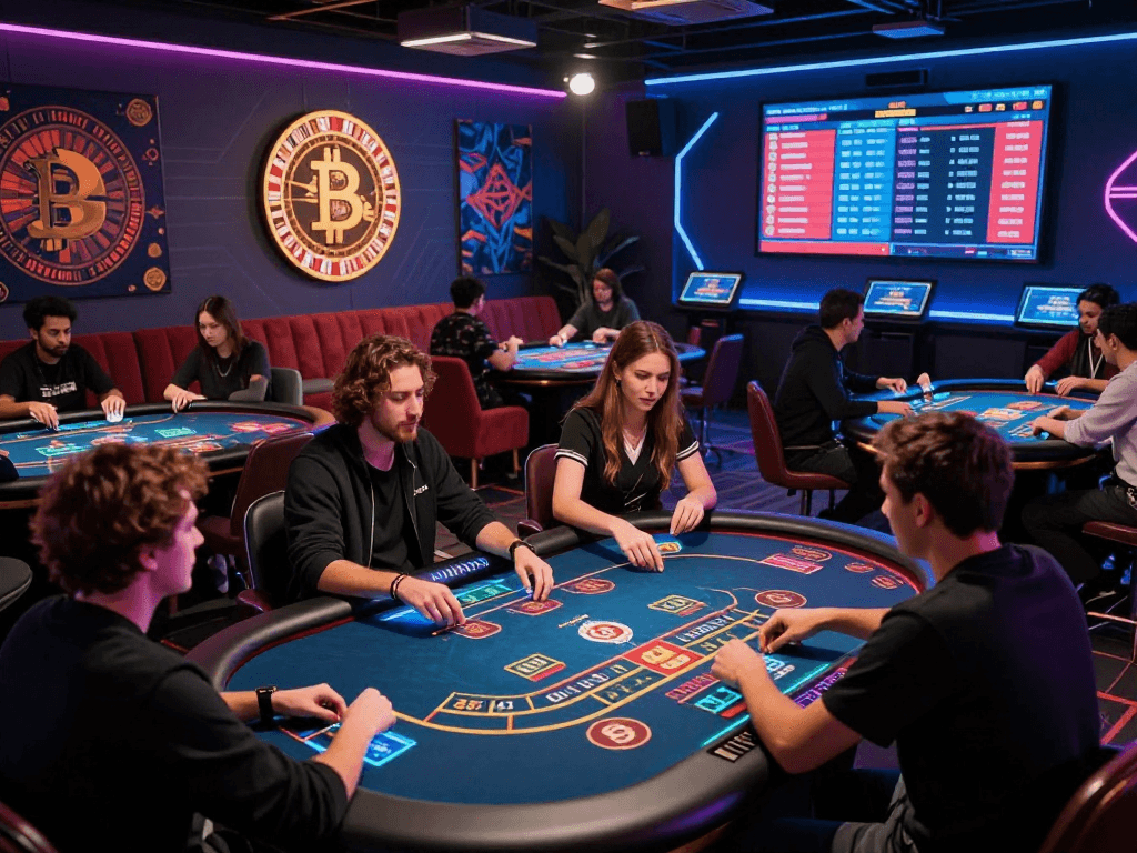 Experience the excitement of a crypto casino with players engaging at digital tables surrounded by vibrant lighting.