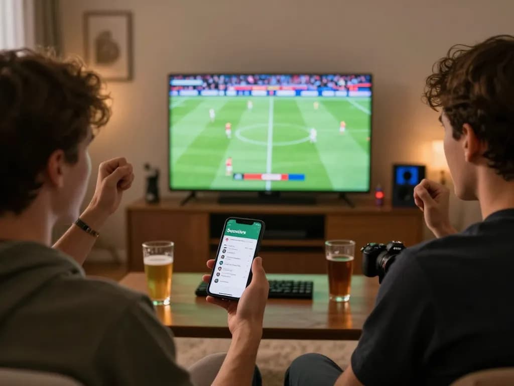 Socolive app displayed on smartphone while enjoying a live football match with friends, capturing the vibrant betting atmosphere.