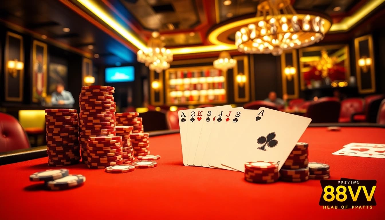 Celebrate big wins at 88VV’s luxurious poker table filled with stacked chips and winning hands.