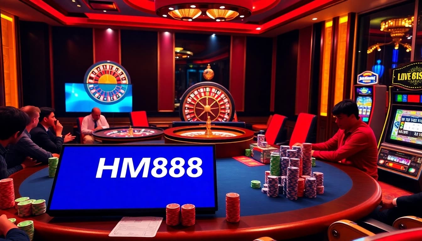 Players intensely engage at a luxurious casino table while the HM88 gaming interface enhances their experience.