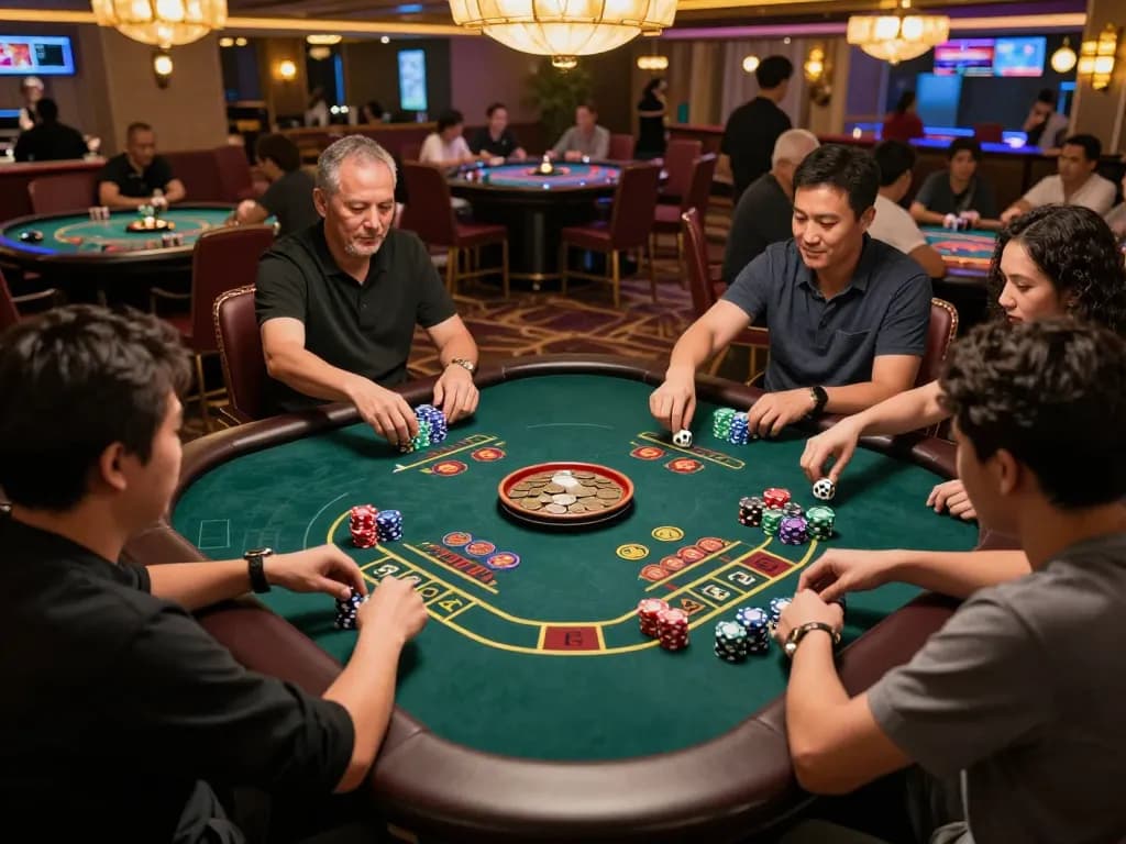 Xóc đĩa gameplay in a bustling casino showing dynamic betting and player excitement.