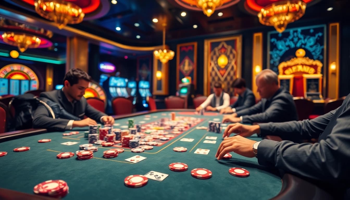 Exciting casino scene at https://tg88.nl/ showcasing high-stakes poker with vibrant chips and elegant décor.