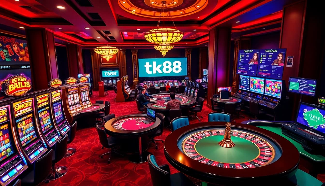 Experience thrilling gaming at TK88 Casino with vibrant slot machines and eager players.