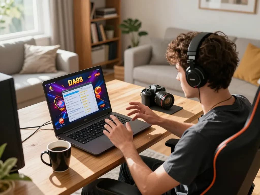 Engaged player using DA88 online casino app for strategic betting from home.