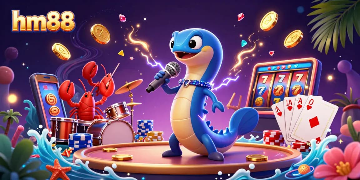 hm88 showcases an electric eel DJ amidst vibrant casino elements, capturing lively gaming action.