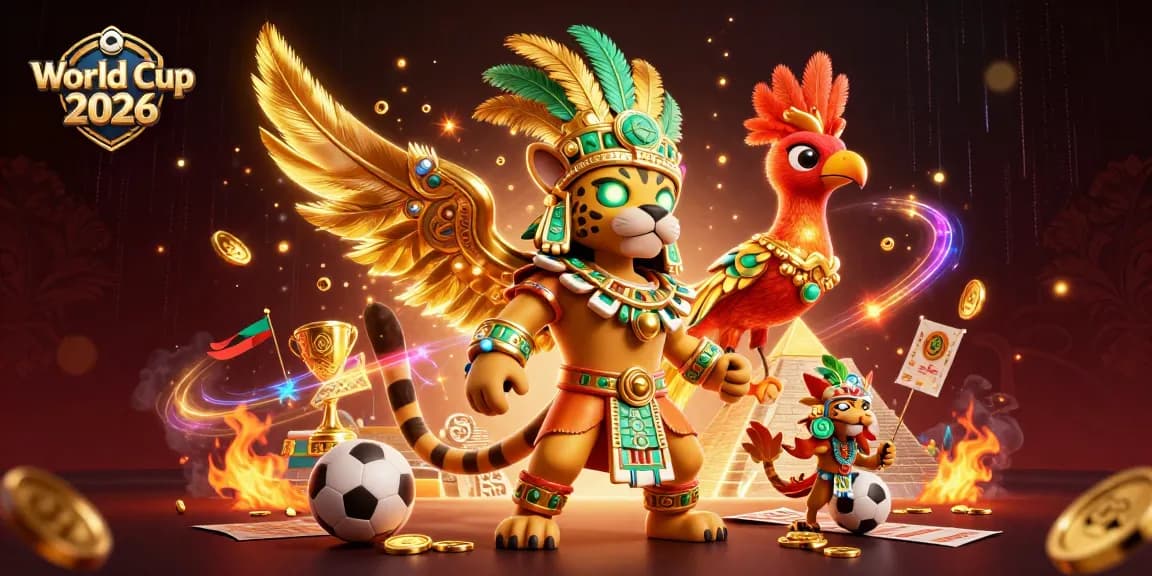 Engage in World Cup 2026 betting excitement with a vibrant illustration of sports-themed characters and coins.