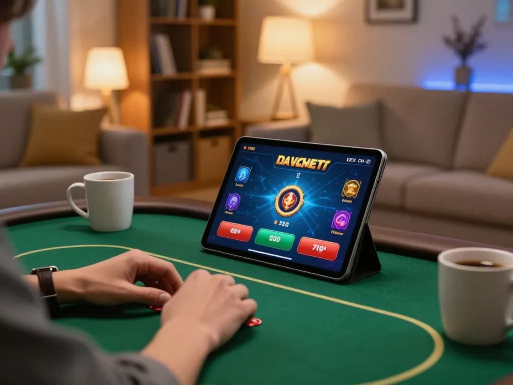 Xibet gaming experience on tablet in a cozy home setup with poker game displayed