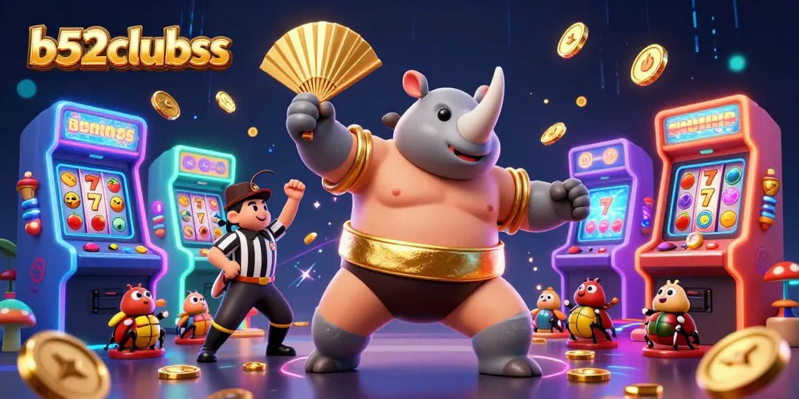 Experience excitement at b52clubss with a 3D cartoon illustration highlighting a lively casino atmosphere full of characters and game elements.