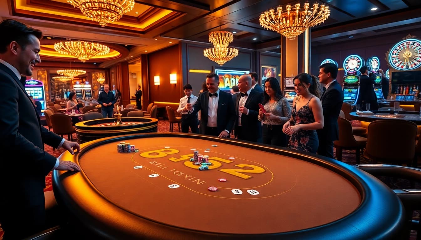 Players enjoying high-stakes poker at a B52-themed casino table, surrounded by vibrant gaming elements.