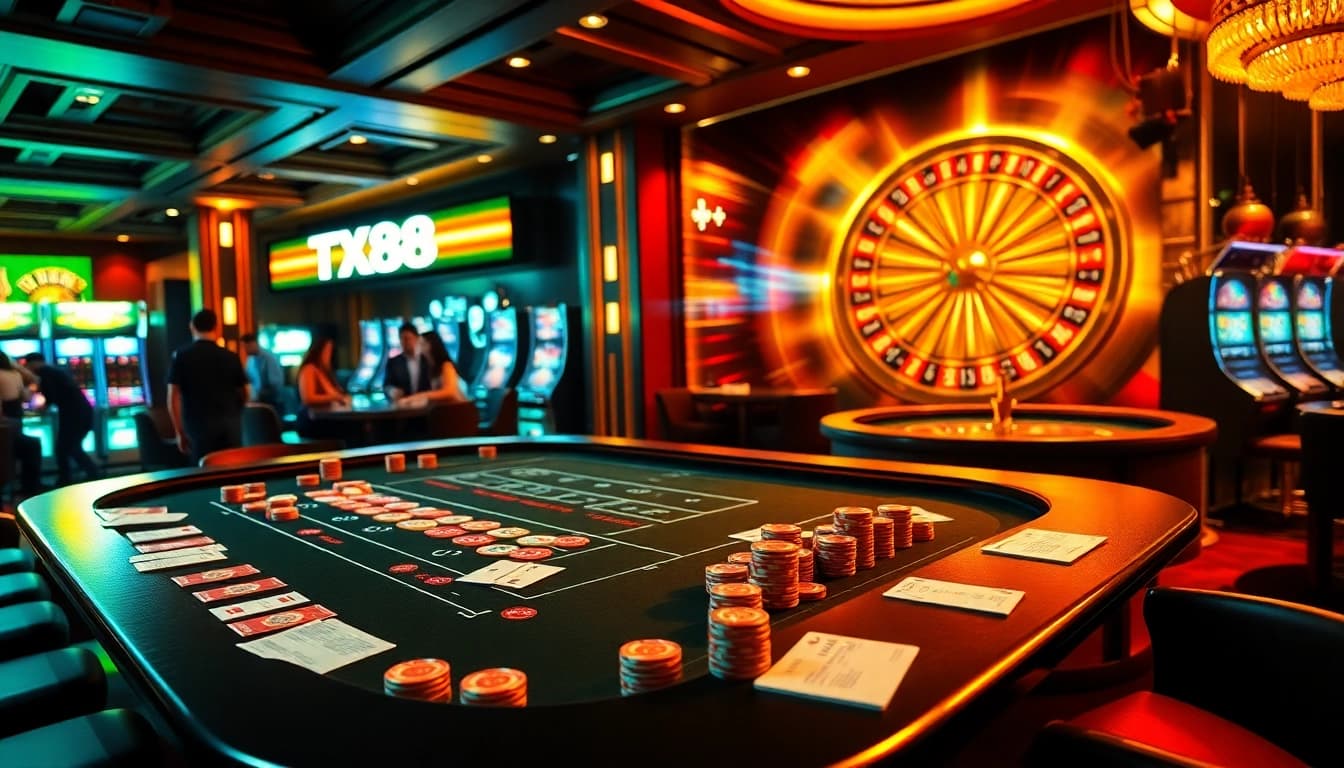 Players engaging in the excitement of TX88 sports betting within a luxurious casino setting.