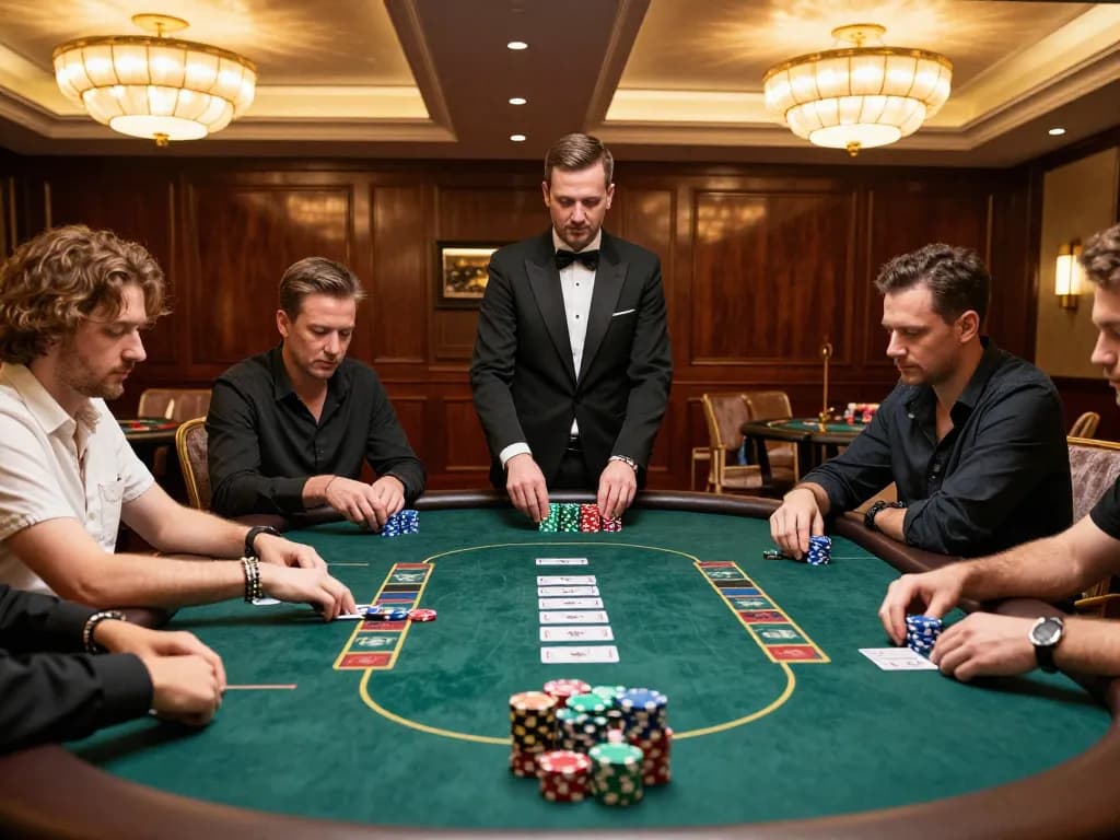 LLWIN players strategizing at an upscale poker table in a luxurious casino