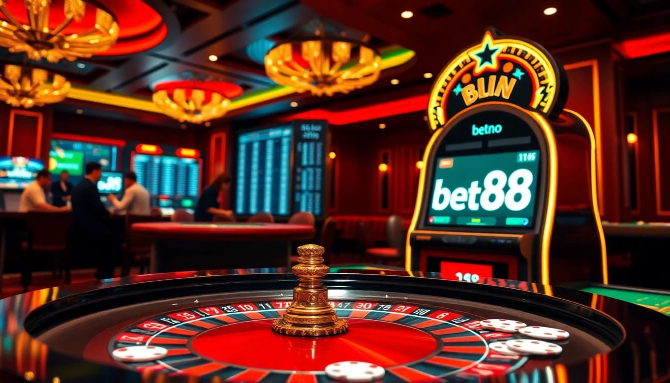 Experience the excitement of Bet88 with vibrant casino visuals featuring roulette, poker chips, and slot machines.