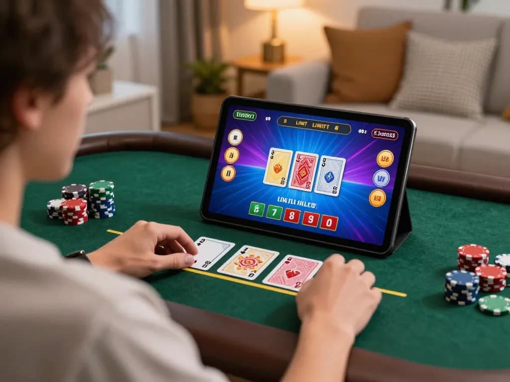 Kuwin player enjoying live dealer blackjack on a tablet in a cozy home setting