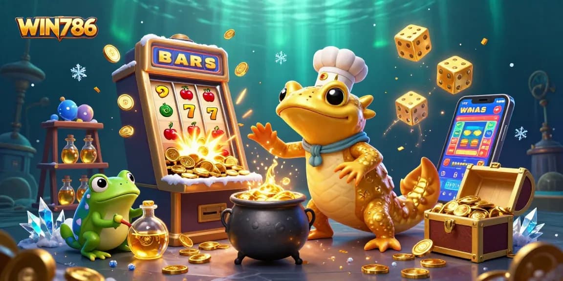 WIN786 offers exciting gaming with a 3D golden salamander in a lively casino-themed scene.