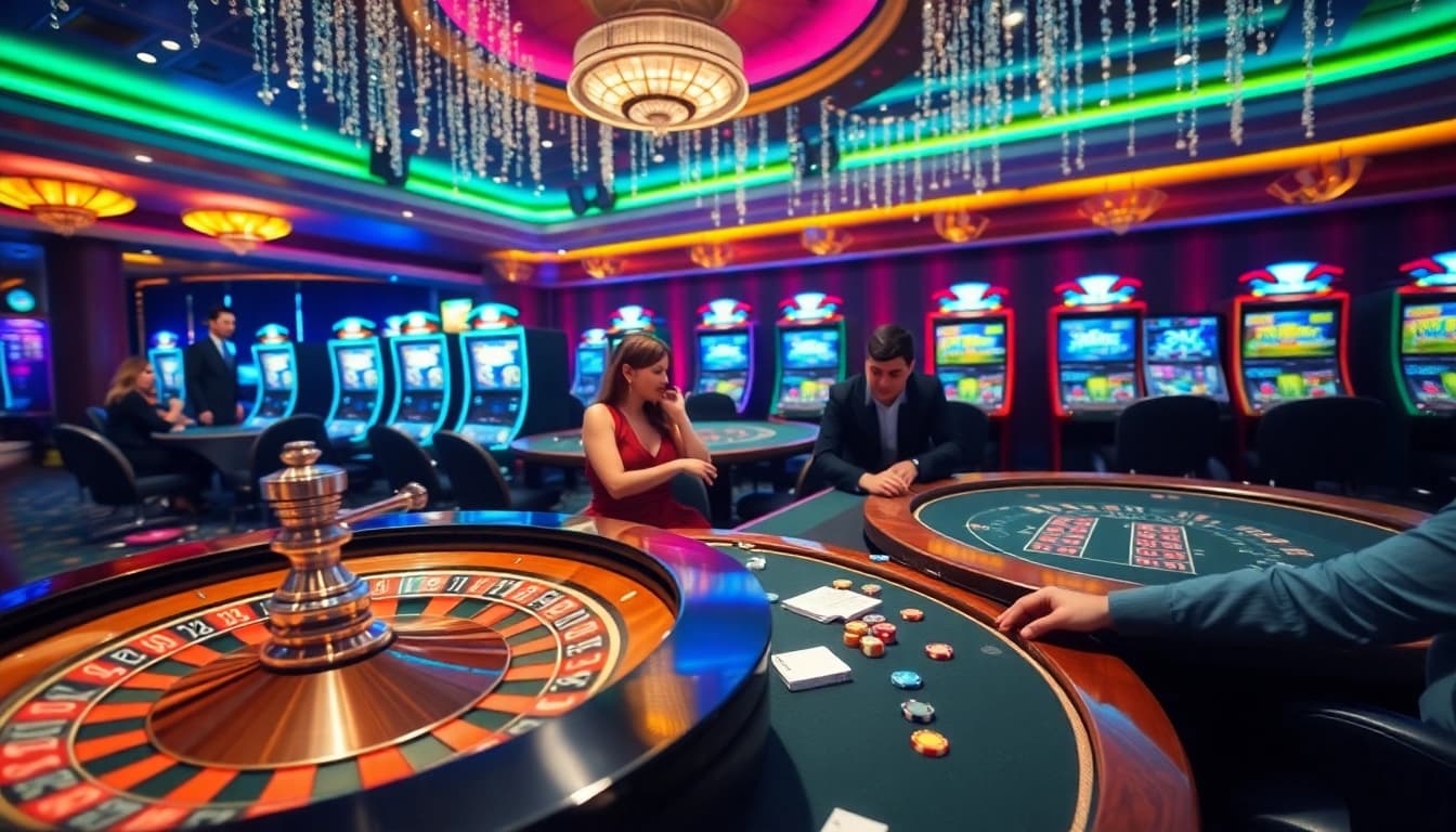 A vibrant casino scene with players engaging in high-stakes games at tg88, featuring roulette tables and slot machines.