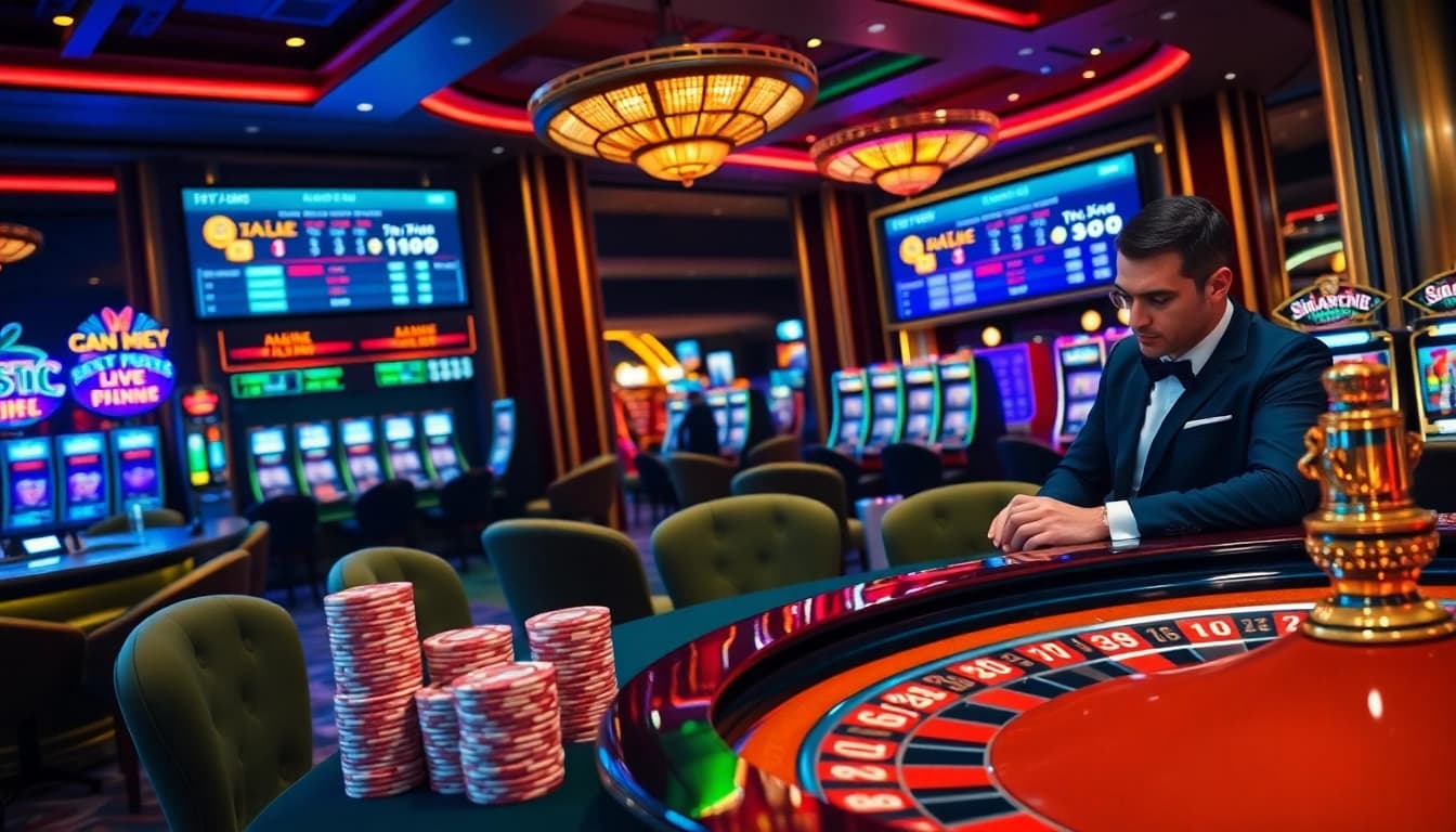 Engaging scene of tỷ lệ kèo displayed at a luxurious casino table with poker chips and roulette wheel.