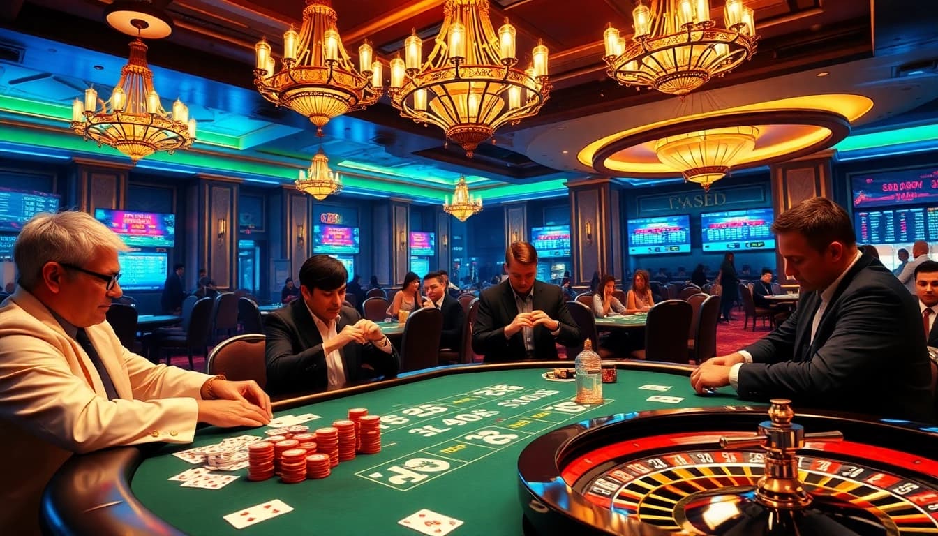 Players enjoying a thrilling poker game at FB88 casino, showcasing excitement and engagement.