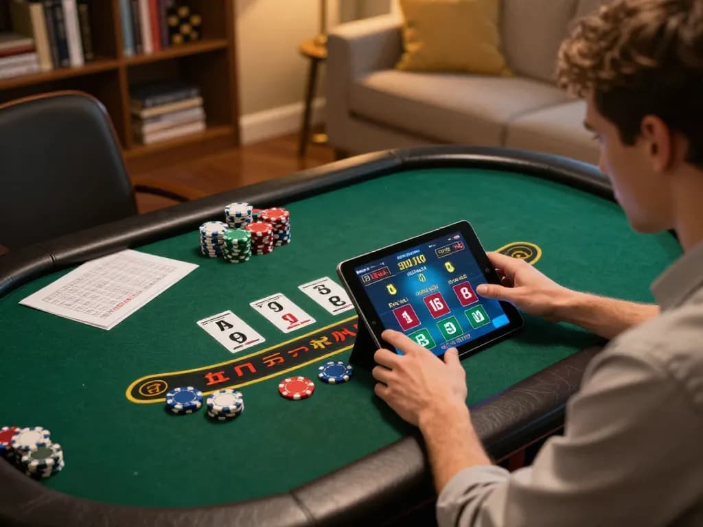 BL555 player engaged in online blackjack game, showcasing strategy notes and tablet interface.