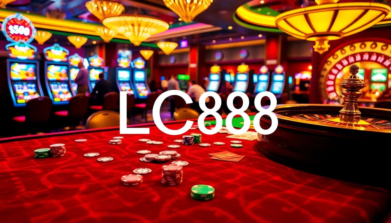 Experience the thrilling atmosphere of LC88 casino gaming with poker chips and vibrant slot machines.