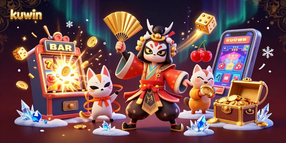 Kuwin showcases a vibrant casino adventure with a kabuki warrior crane amidst slot machine excitement.