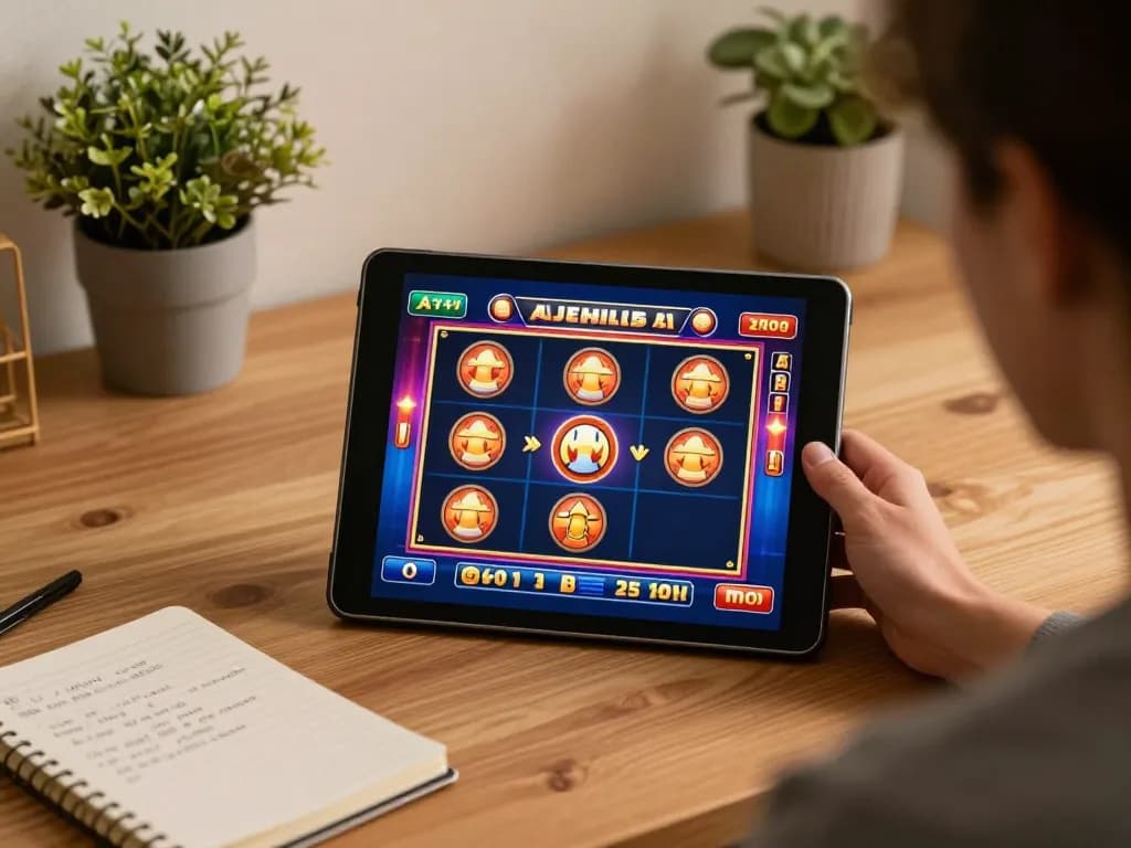 NOHU90 interactive online gaming experience with vibrant slots and strategic notes at a cozy desk
