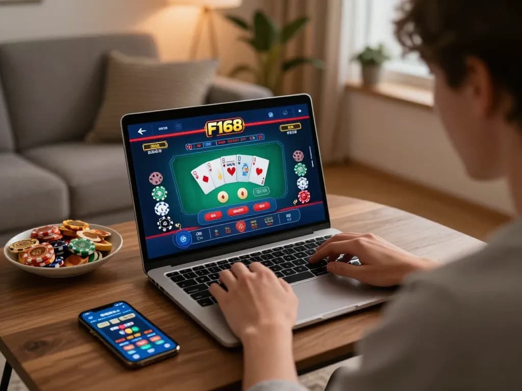 F168 online gaming experience with a person focused on their laptop, casino interface visible.