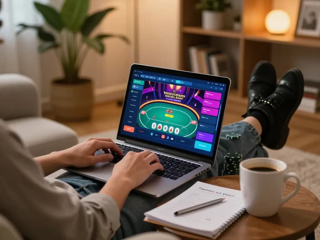 Play poker on the 577F platform in a cozy home environment, promoting responsible online gambling.