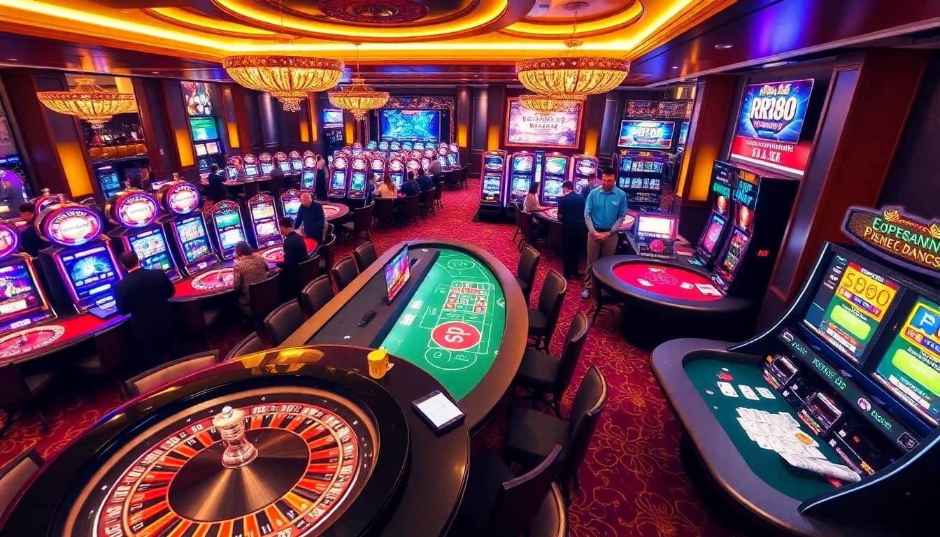 Exciting casino atmosphere showcasing rr88 link with gaming tables, slot machines, and poker action.