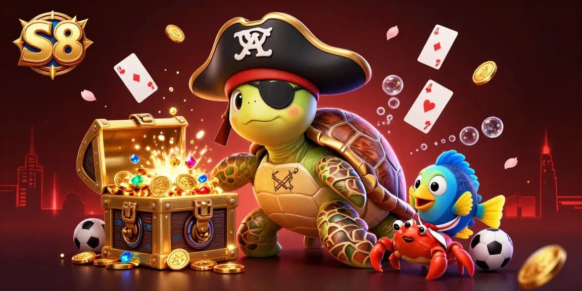 S8 engages players with a vibrant 3D scene showcasing gambling elements and lively aquatic characters.