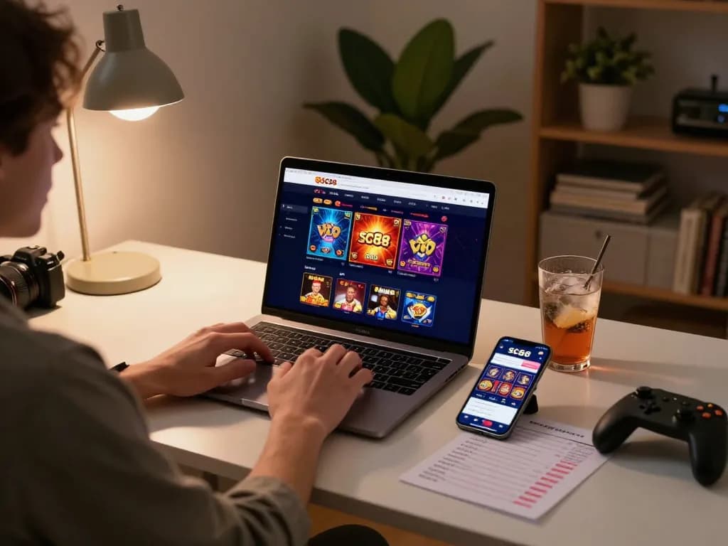 Engaging person playing on SC88 online casino app in a cozy home office setup