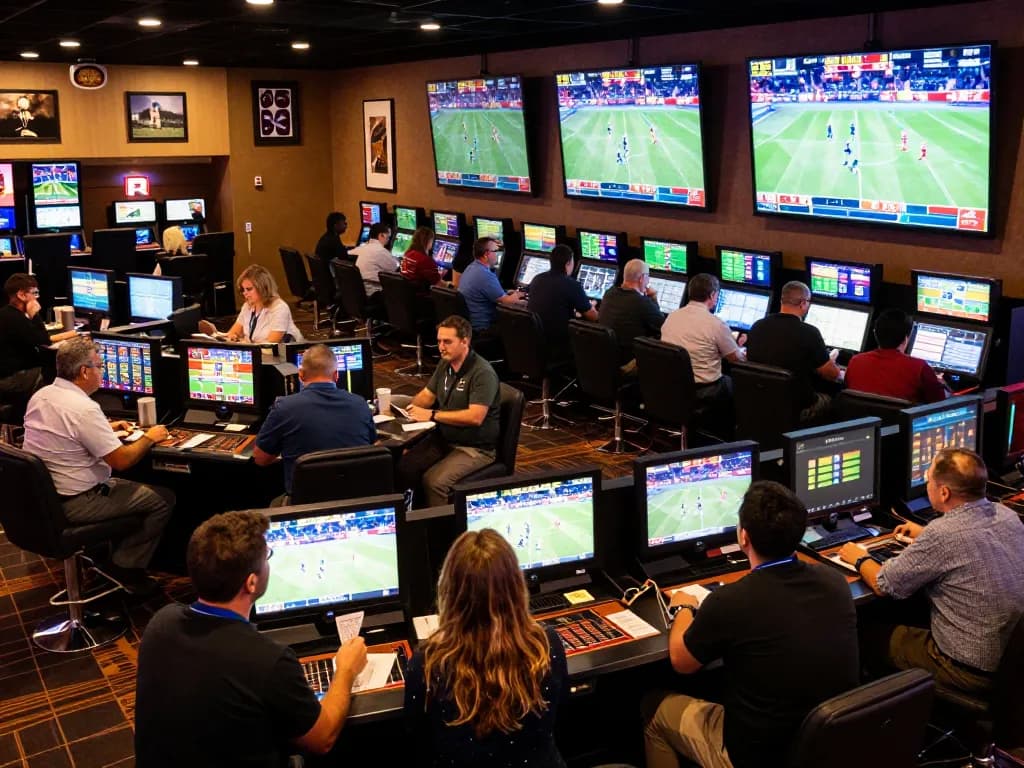 Place bets on kèo nhà cái while engaging with enthusiastic sports fans in a modern casino sportsbook area.