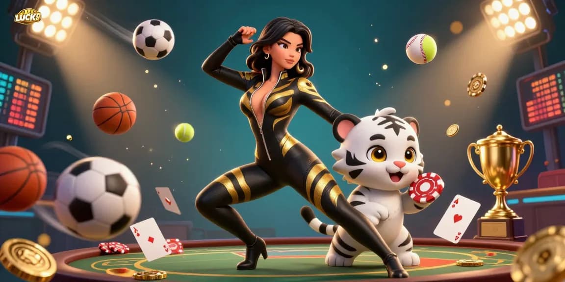 Engage in winning strategies with LUCK8 in this vibrant 3D casino digital illustration featuring dynamic sports elements.