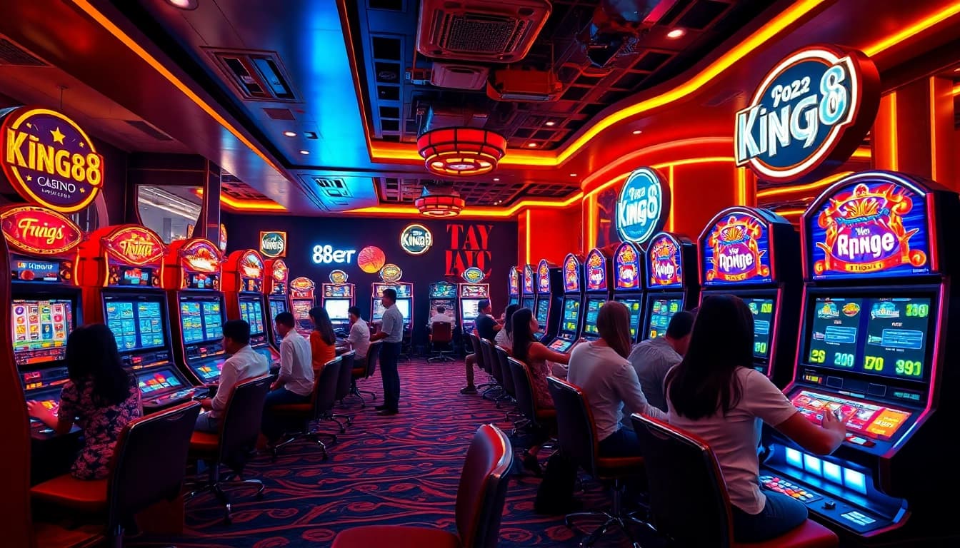 Exciting gaming atmosphere at king88 online casino with vibrant slot machines and engaged players.