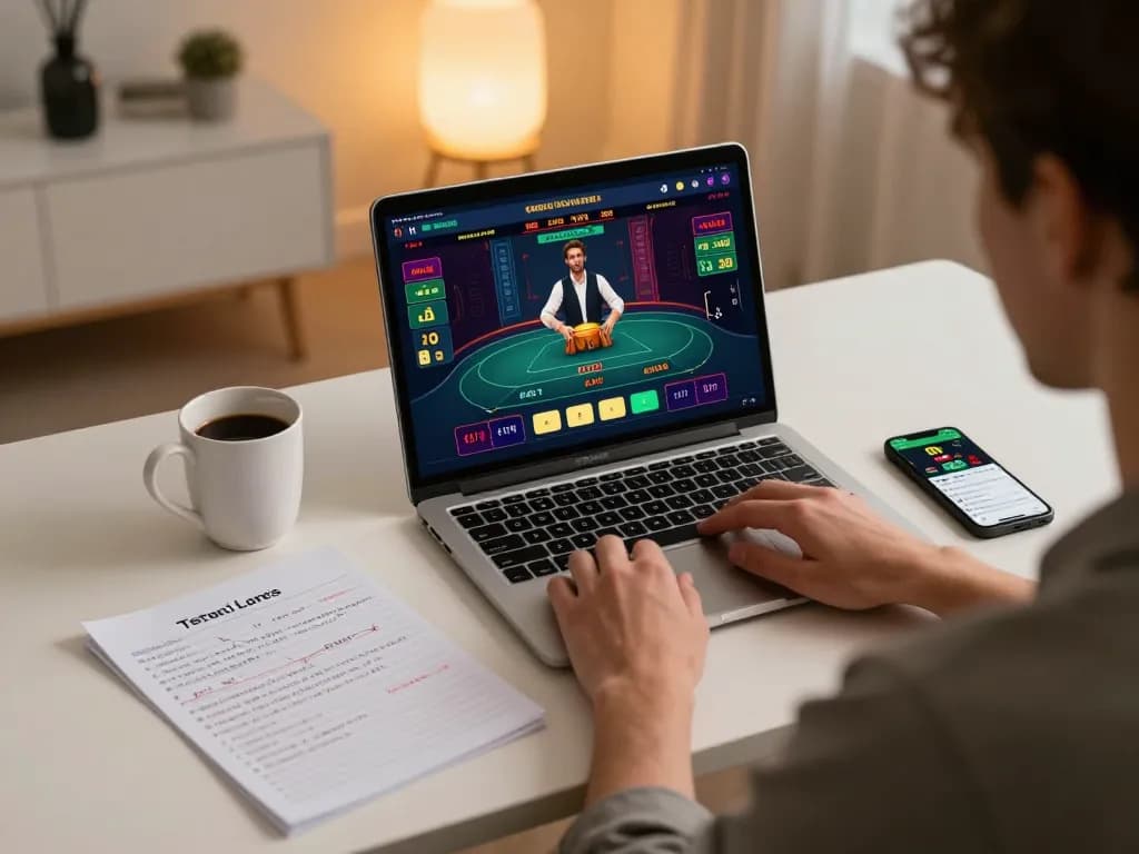 Gambling enthusiast engaging with rr88 online casino game on laptop with strategic notes and smartphone.