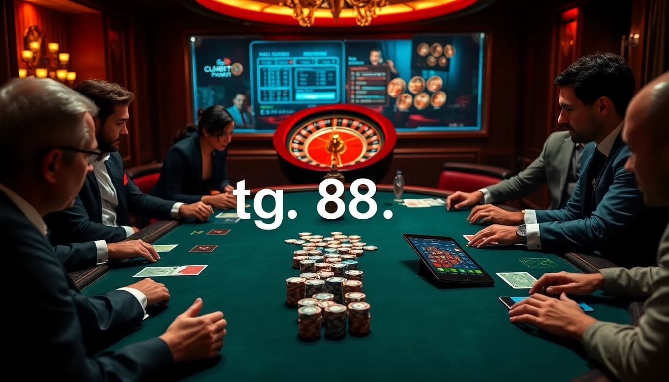Engage in thrilling gameplay at https://tg88.to/ with elegant poker chips and cards on a luxurious casino table.