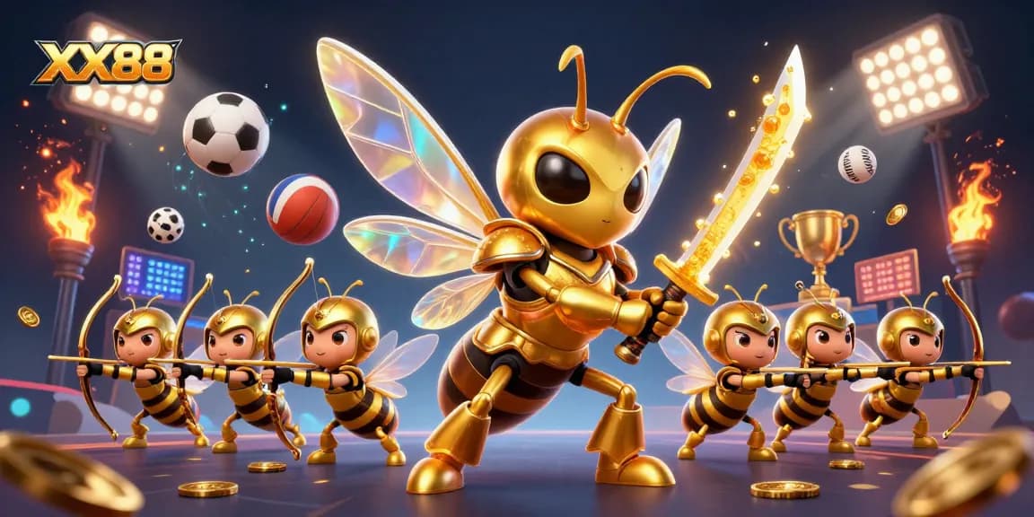 Experience thrilling sports action at XX88 with a golden hornet samurai and flying sports balls.