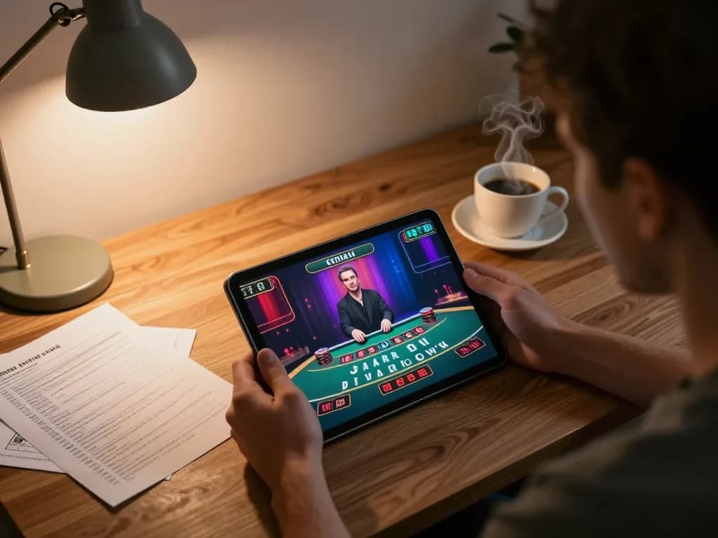 Player engaging in live dealer blackjack on XX88 tablet setup with strategic notes