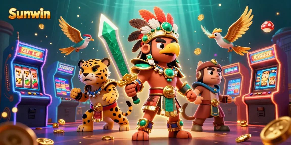 Sunwin players engage in exciting online casino games showcasing vibrant slot machines, a dynamic Aztec warrior, and treasures.