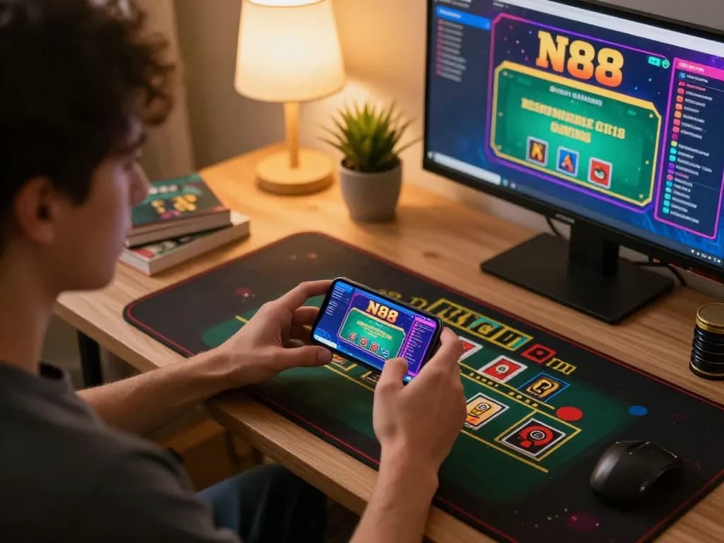 Engaging gameplay on the N88 app, showcasing live dealer blackjack on a smartphone in a cozy room setting