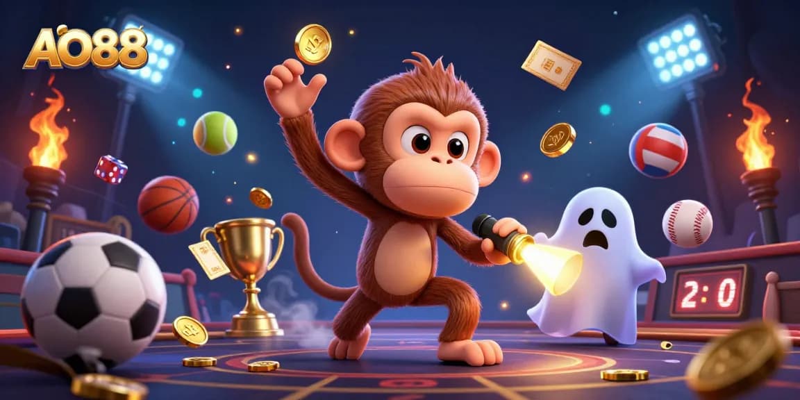 Experience thrilling gaming at AO88 with a poltergeist monkey and a curious puppy in a vibrant casino.