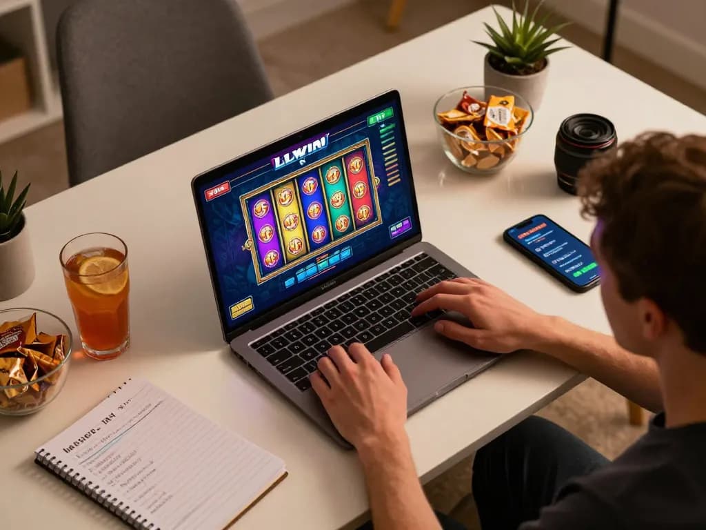 Engaging LLWIN online slot gameplay on a laptop in a stylish home office with cozy atmosphere.