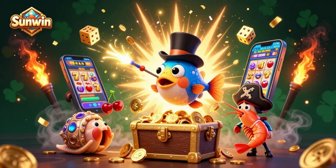 Immerse in Sunwin's vibrant world with a dynamic 3D slot scene featuring exciting characters and gold-filled treasures.