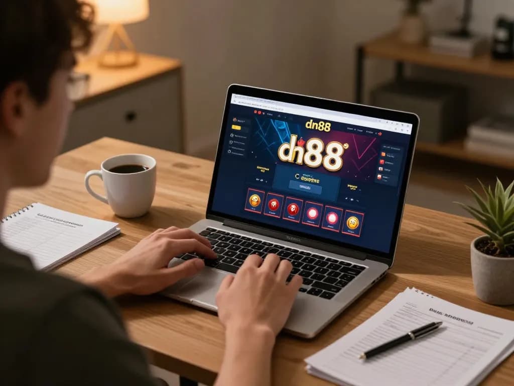 Engaged player strategizing with dn88 online casino interface on laptop for winning gameplay.
