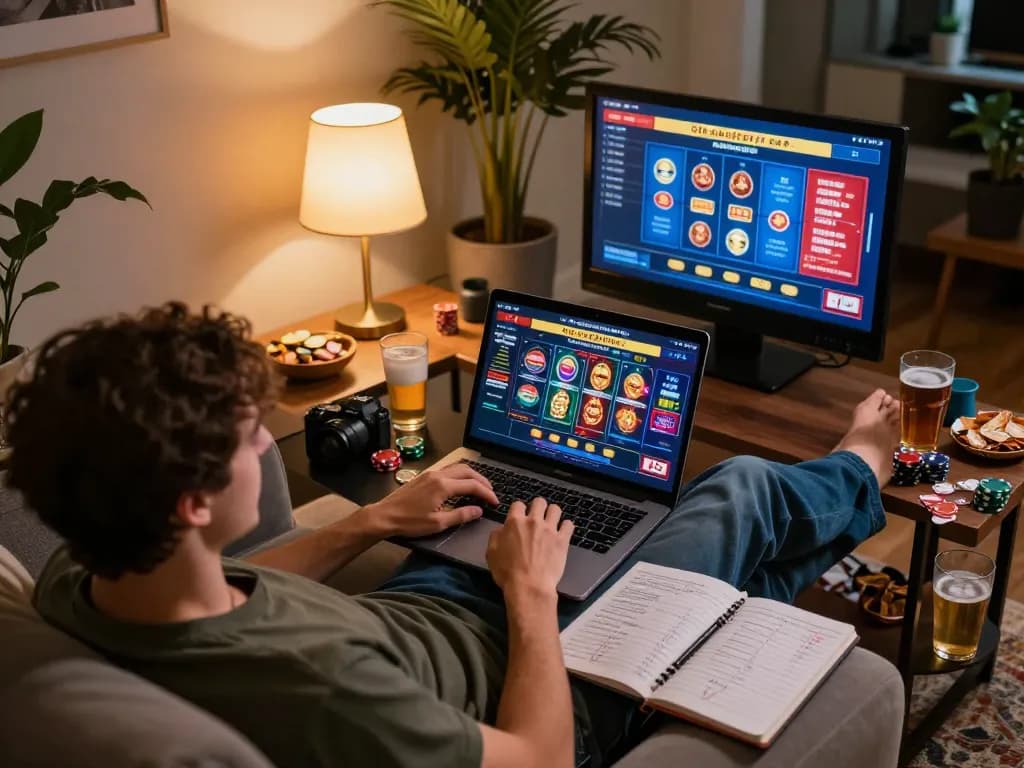 Enjoying a thrilling soibet online casino experience on a laptop in a cozy living room setting