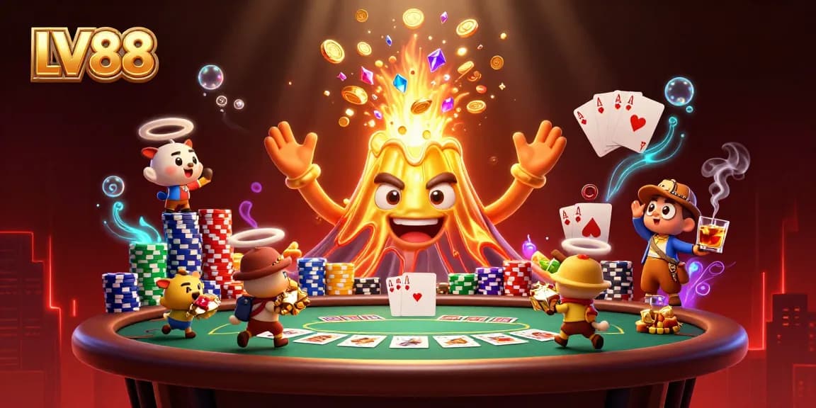 Experience the LV88 thrill as the golden volcano erupts coins, while poker action unfolds around tiny treasure seekers.