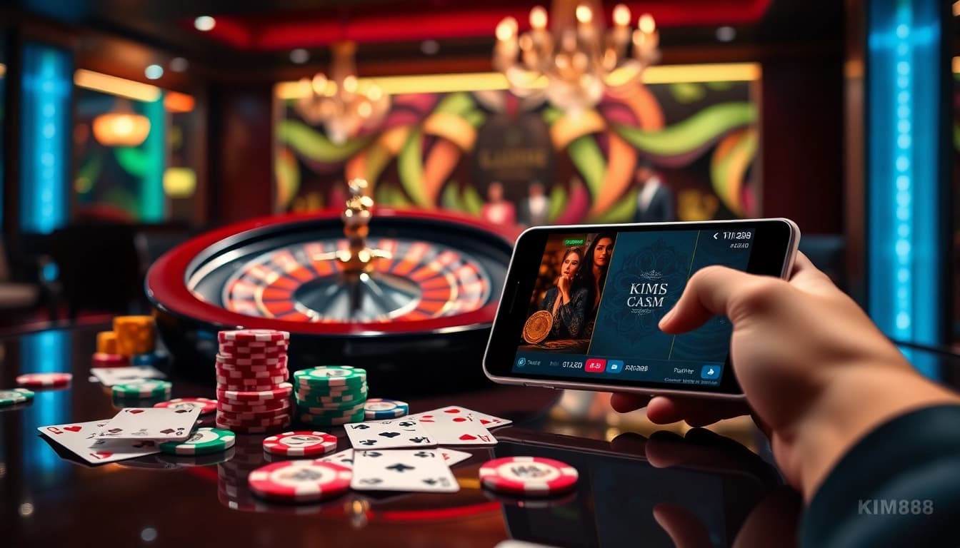 Engaging with online roulette at https://kim88.center/ with colorful chips and vibrant cards on display.