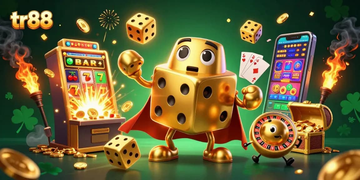 Join the thrilling action at tr88 with a golden dice golem in a dynamic casino scene of jackpots and excitement.
