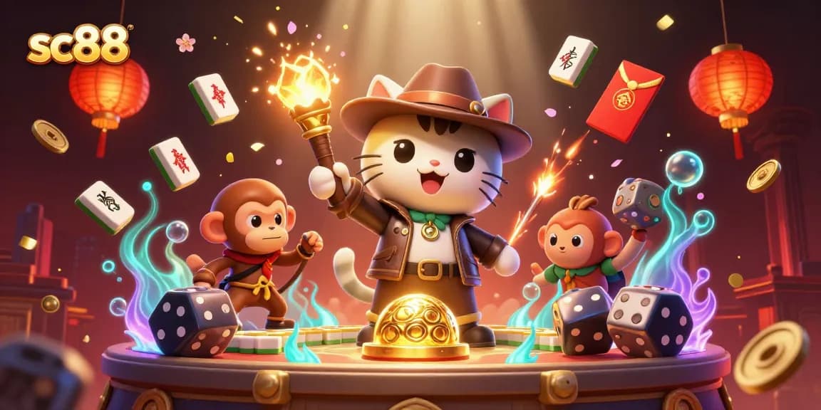 Uncover the golden artifact at SC88, where a cat archaeologist and monkey partner explore in a vibrant casino.