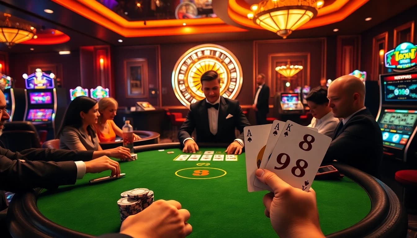 M98 poker players bet big at a luxurious casino table under warm lights.
