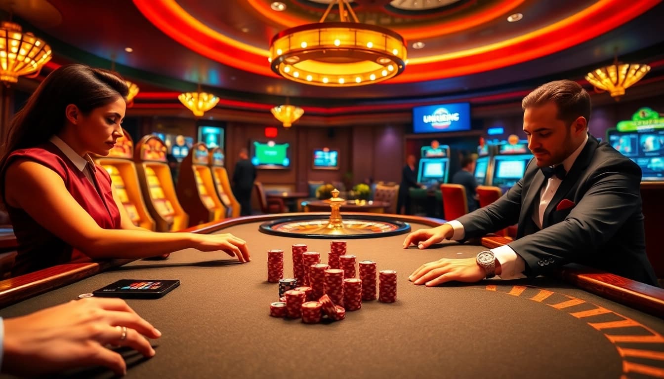 Engaging poker scene at uu88vip.sa com with players placing bets and vibrant casino elements.